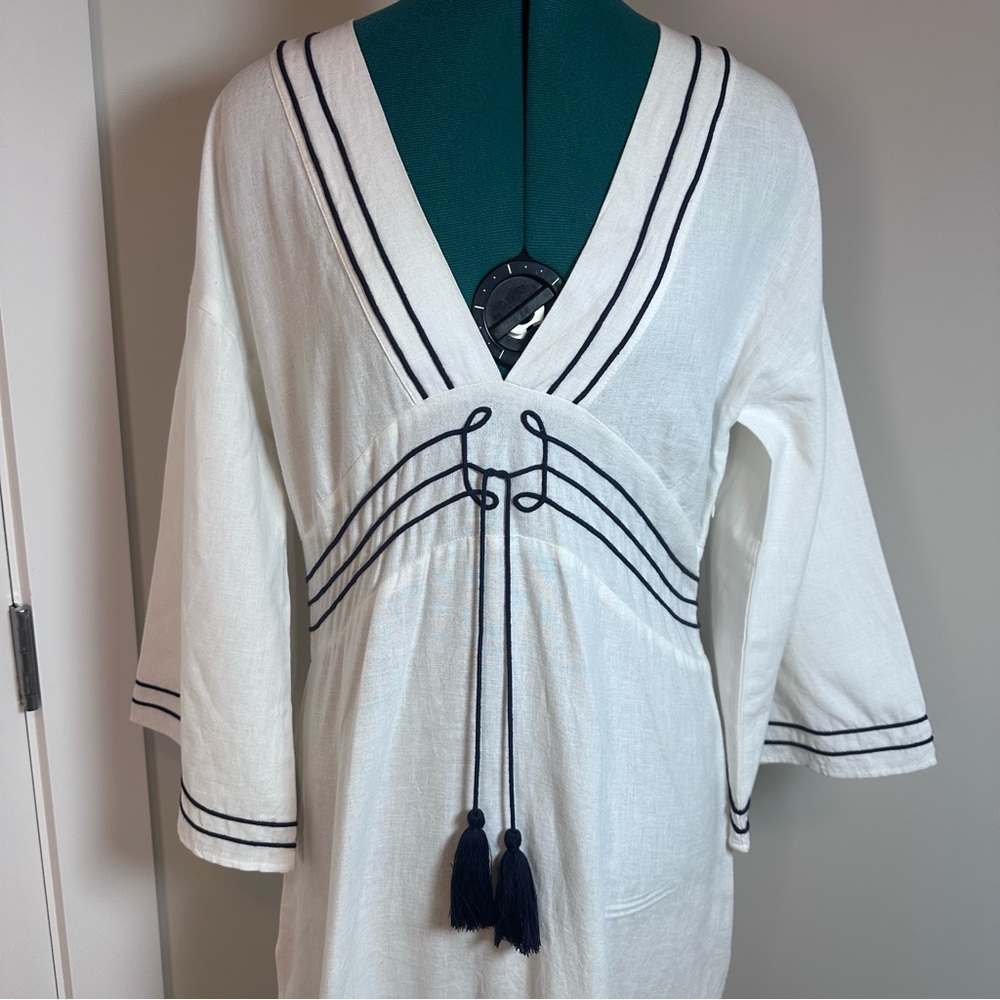 White Maxi Dress with Navy Trim and Tassel Tie - Picture 2 of 13